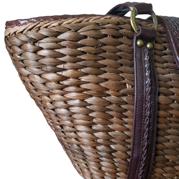 Coldwater Creek Woven Straw Brown Rustic Faux Leather Shoulder Bag Picnic Tote. - Picture 9 of 16
